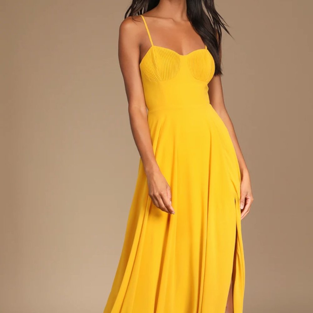Brand New Lulu Golden Yellow Pleated Bustier Maxi Dress - Size Small